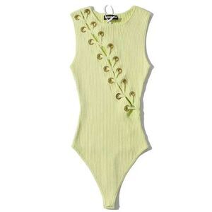 Lace-Up Light Green Knit Bodysuit Top